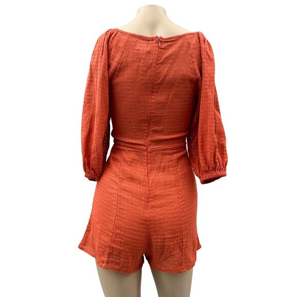 ASOS Eyelet Textured Ruched Tie Cutout Burnt Orange Puff Sleeve Playsuit Women 2 - Picture 2 of 12
